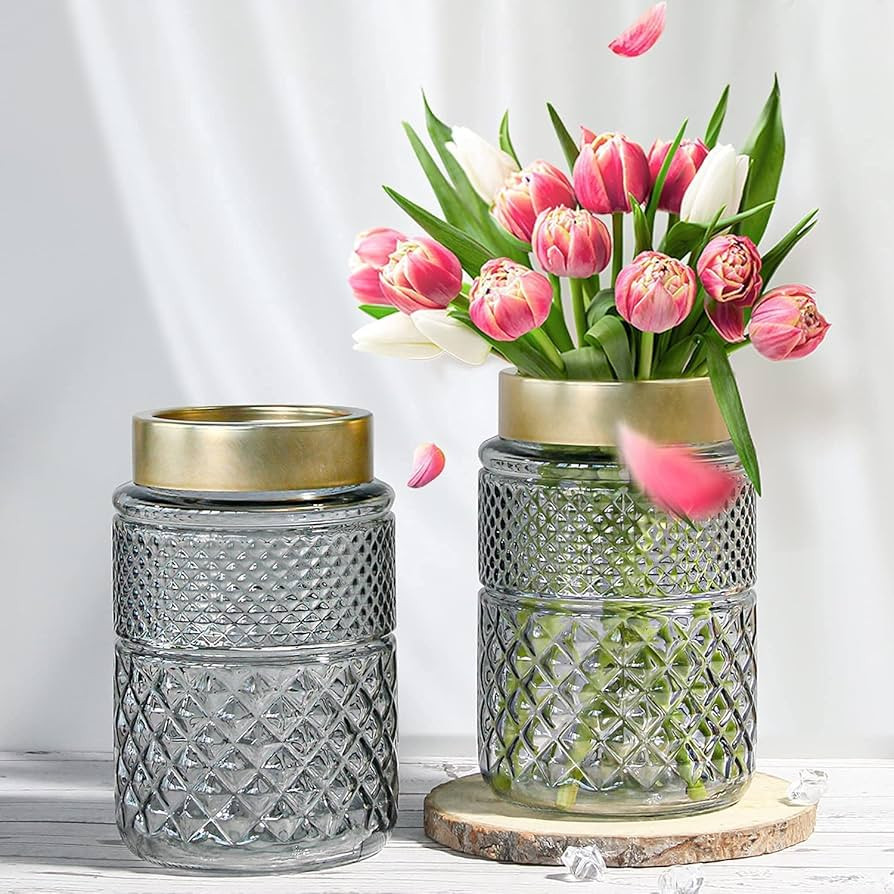 Set of 2 Flower Vases Glass, Grey Fluted Glass Vase, Vases for Flowers, Gold-Tone Metal Top, Deco... | Amazon (US)