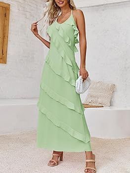 Wenrine Womens Sexy Chiffon Halter Maxi Dress Sleeveless Backless Ruffle Tassel Party Club Dresse... | Amazon (US)