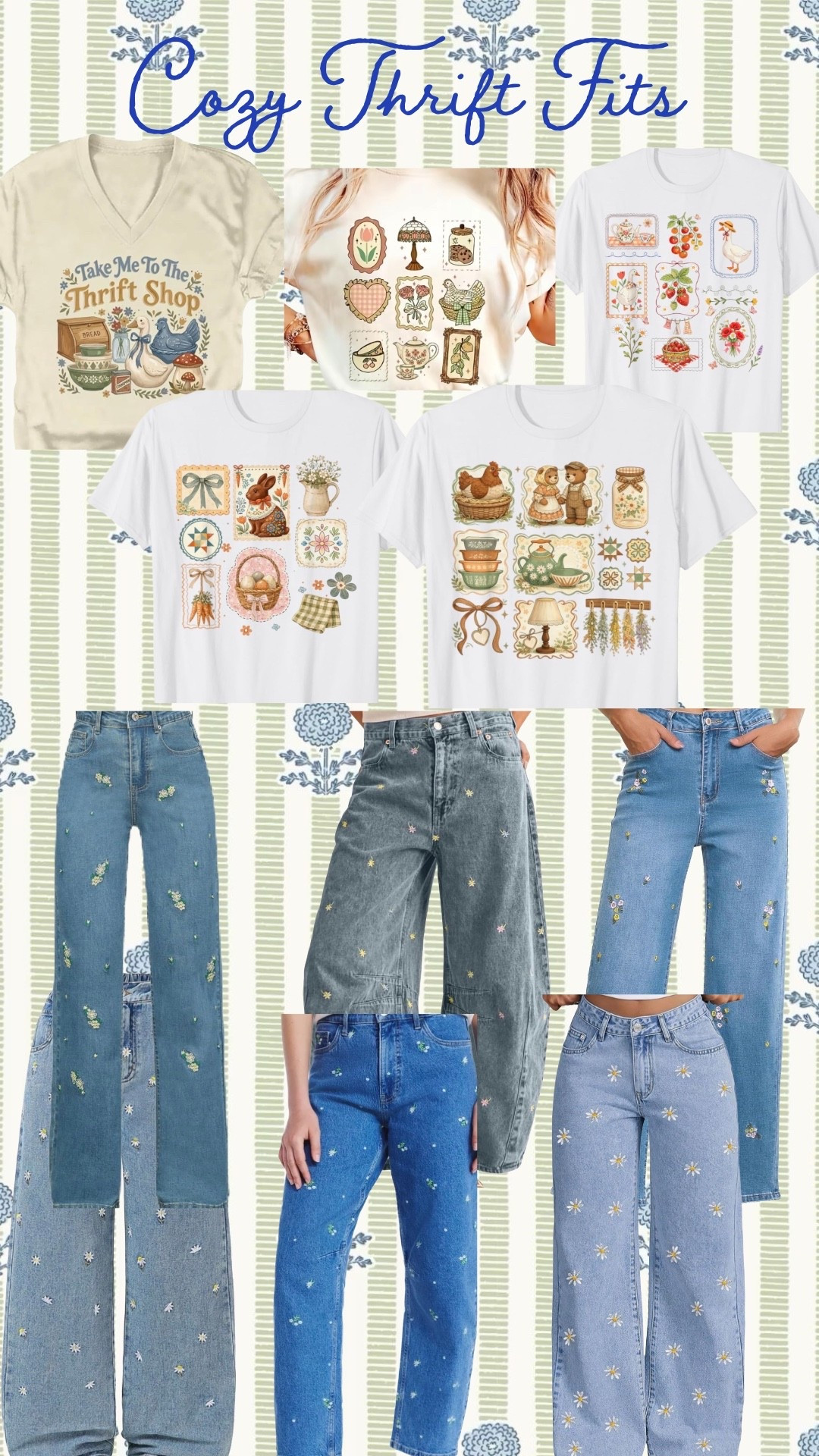 Cozy thrift fits, but make them cottagecore ✨ 

Think embroidered denim, vintage-inspired tees, and all the whimsical little details that make even a flea market run feel cute 🤍🫖🌼 

Saving these for our next thrift day.

#LTKStyle #CottagecoreStyle #VintageInspiredFashion #ThriftOutfitIdeas #CozyStyle