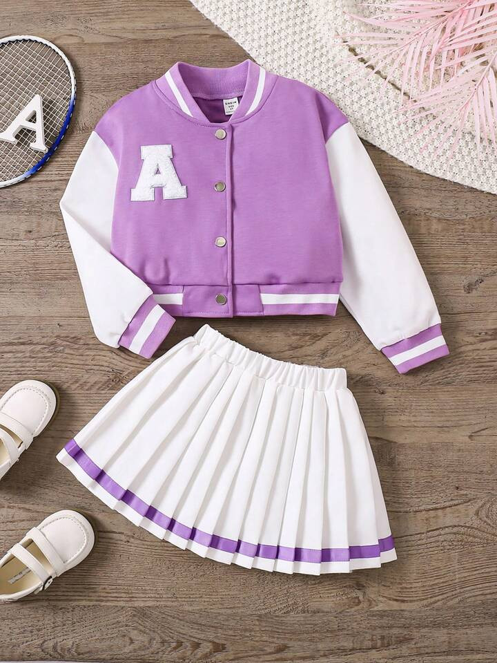 SHEIN 2pcs/Set Young Girls Contrast Color Patch Front Button Long Sleeve Top And Pleated A-Line S... | SHEIN