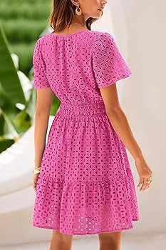 PRETTYGARDEN Womens 2025 Summer Short Dress V Neck Short Sleeve A Line Hollow Out Lace Ruffle Cut... | Amazon (US)