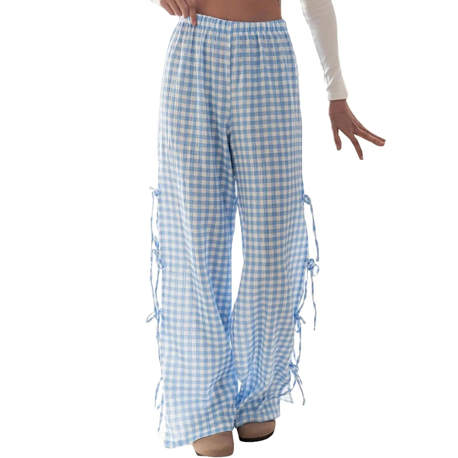 WEIGFI Child Little Girls Kids Wide Leg Gingham Pants Elastic High Waist Side Tie Loose Fit Plaid... | Walmart (US)