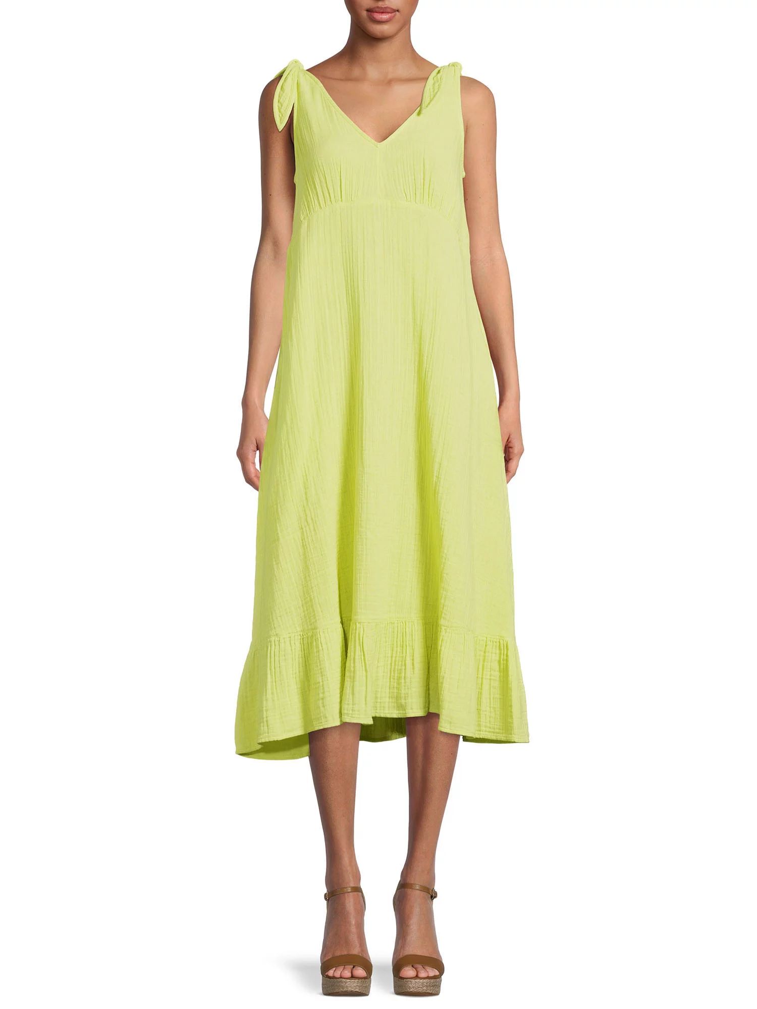 Time and Tru Women's Double Cloth Tie Shoulder Midi Dress - Walmart.com | Walmart (US)