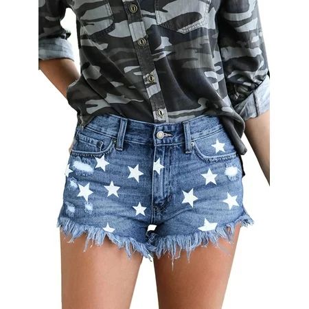Eyicmarn Women High Waist Frayed Raw Hem Star Print Denim Jeans Shorts | Walmart (US)