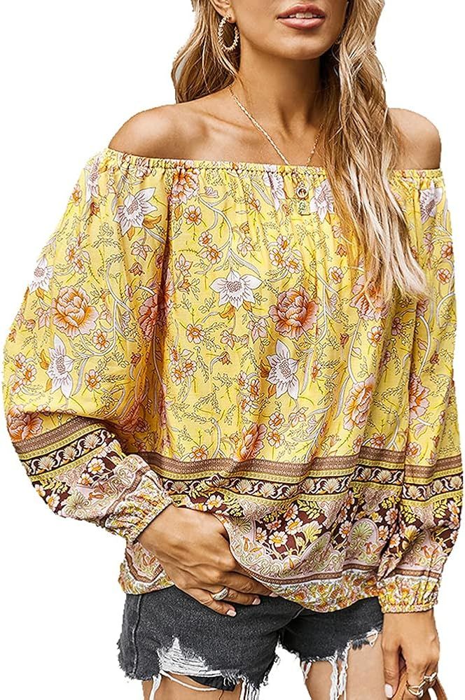 Schkleier Women's Boho Floral Printed Sexy Off The Shoulder Blouse Tops Long Sleeve Shirt | Amazon (US)