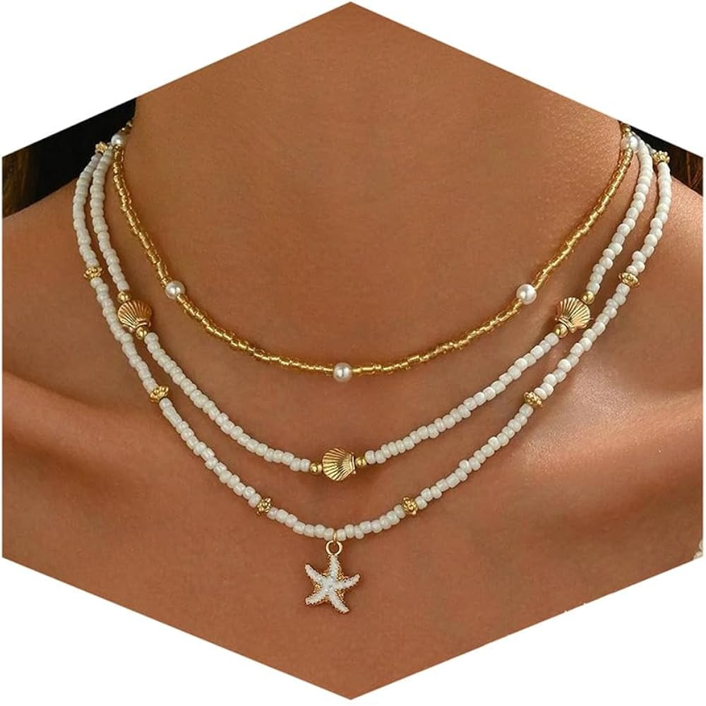 Shell Starfish Necklace for Women, 14k Gold Plated Boho Layered Beaded Charm Pendant Necklace, Da... | Amazon (US)