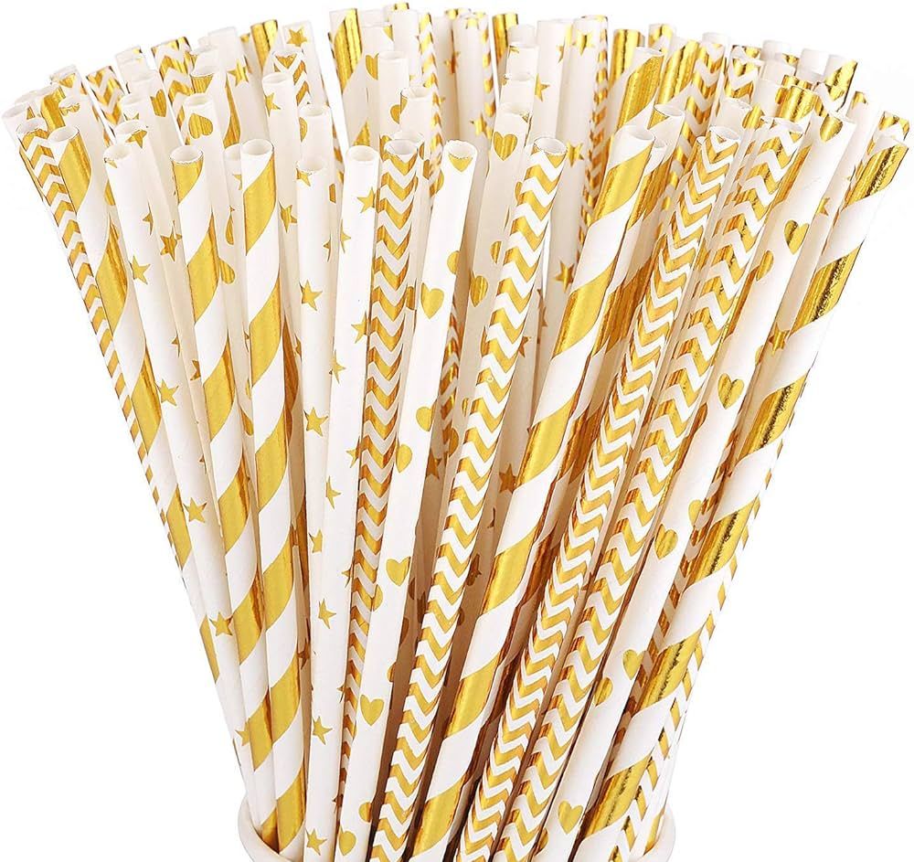ALINK Biodegradable Gold Paper Straws Bulk, Pack of 100 Metallic Foil Striped/Wave/Heart/Star Str... | Amazon (US)
