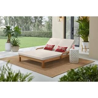 Hampton Bay Orleans Eucalyptus Wood Outdoor Double Chaise Lounge with Almond Cushions FRN-801960-... | The Home Depot