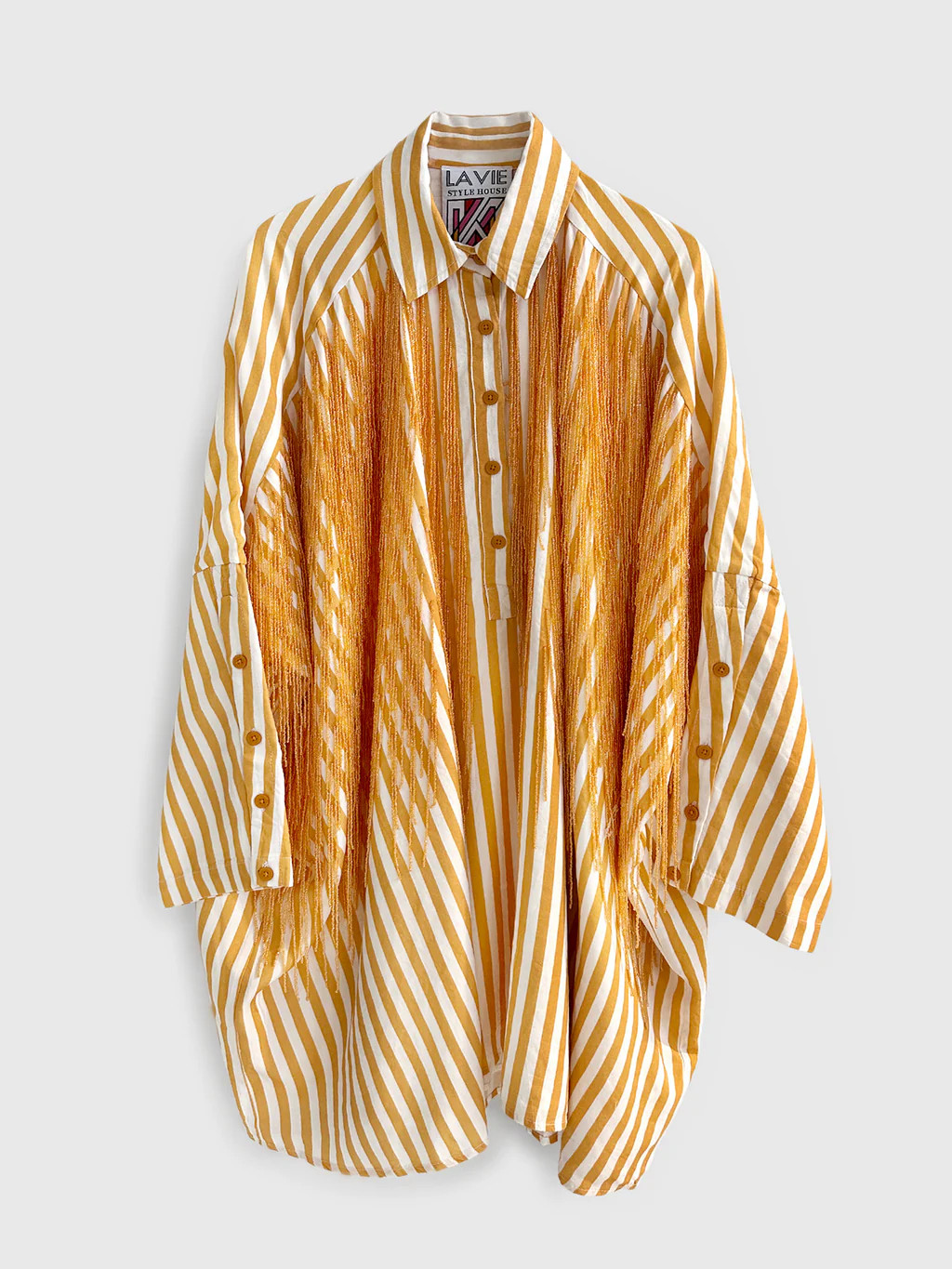 La Vie Women's Beaded Fringe Pinstripe Boyfriend Shirt | Saint Bernard