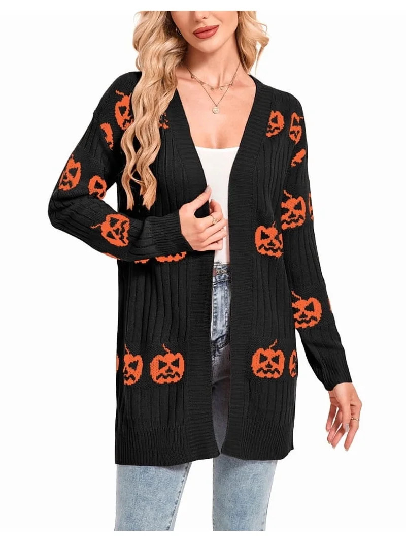 Halloween Day Cardigan Sweaters for Women V-Neck Open Front Cardigan Pumpkin Ghost Printed Mid-Le... | Walmart (US)