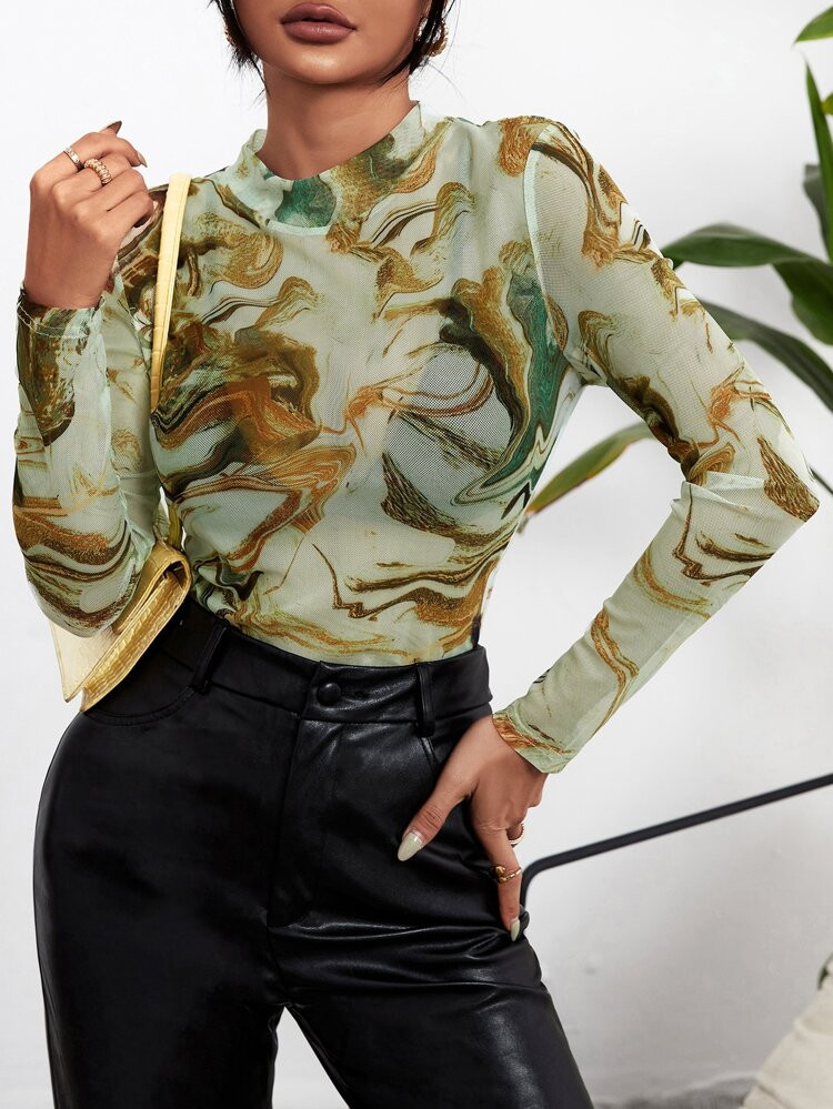 SHEIN SXY Marble Print Mock Neck Mesh Top Without Bra | SHEIN