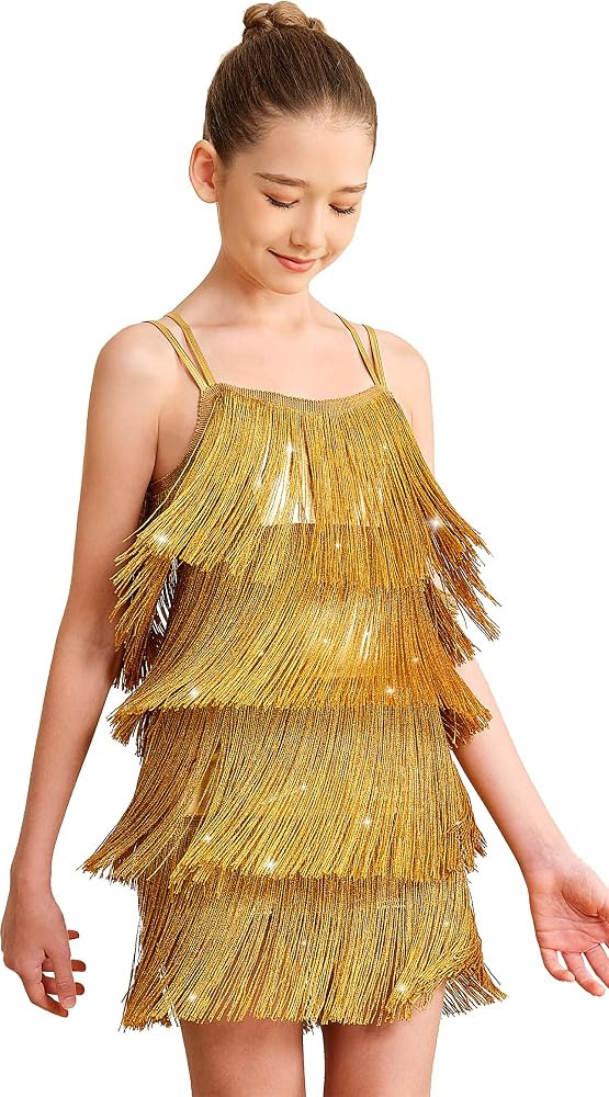 Girls 1920s Flapper Tassel Dress Sequin Fringe Latin Dance Dress Party Ballroom Dance Costumes | Amazon (US)