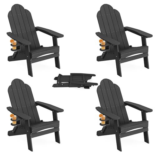 LUE BONA Folding Adirondack Chair, Chairs Set of 4, Cup Holder, Woodgrain, Fire Pit, Patio, Pool, Black | Amazon (US)