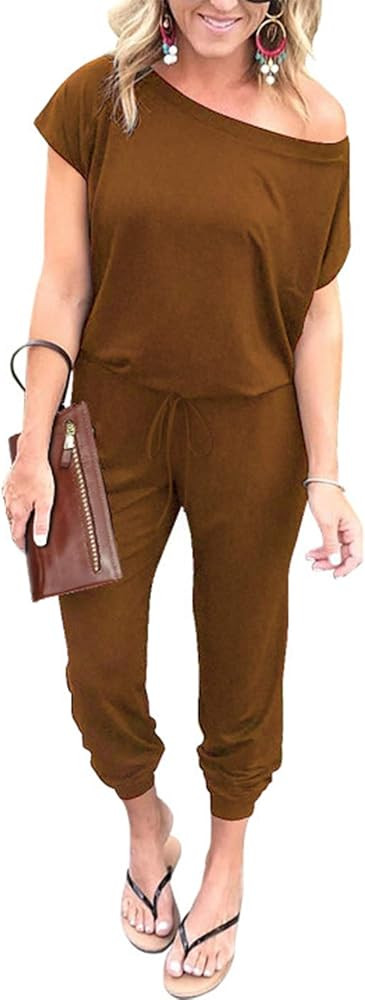 Women's Loose Solid Off Shoulder Elastic Waist Stretchy Long Romper Jumpsuit with Pockets | Amazon (US)
