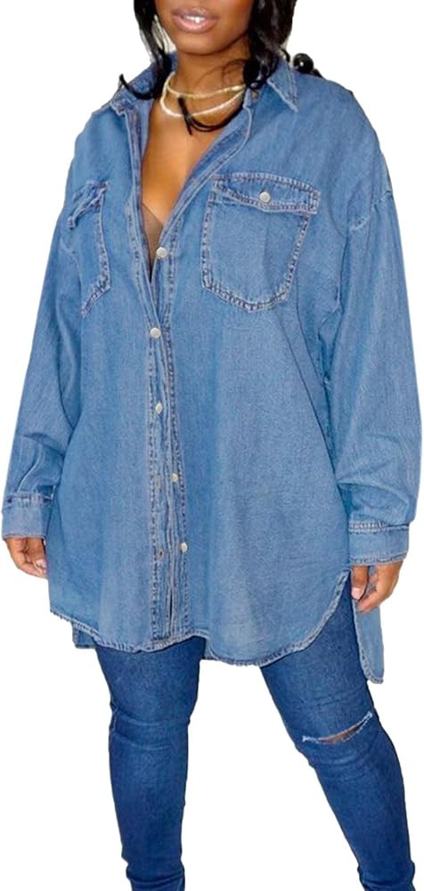 SOMTHRON Women's Oversized Denim Shirt Dresses Long Sleeve Button Down Collared Jacket Jean Blous... | Amazon (US)
