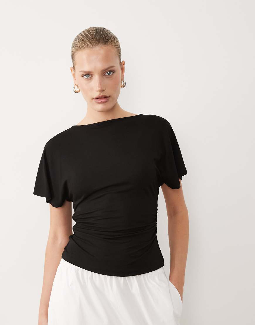 ASOS DESIGN cinch waist angel sleeve tee with v back detail in black-White | ASOS (Global)