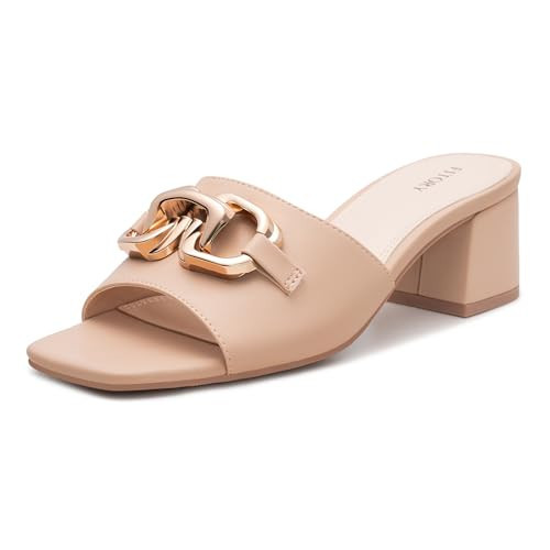 FITORY Womens Low Heel Sandals, Chunky Block Square Open Toe Slides 2026, Metal Chain Slip on Dressy Shoes for Party, Wedding and Daily Wear Nude Size 8 | Amazon (US)