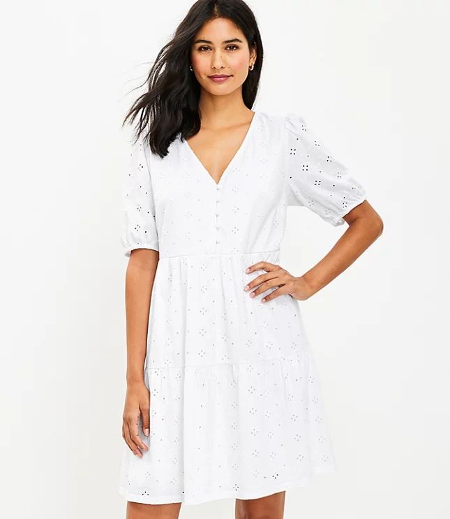 Eyelet Puff Sleeve Button Tiered Swing Dress | LOFT