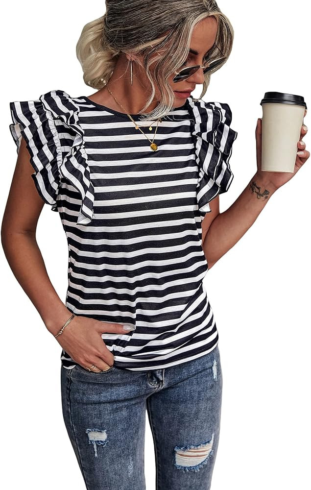 SOLY HUX Women's Striped T Shirt Ruffle Cap Sleeve Round Neck Summer Tee Tops | Amazon (US)