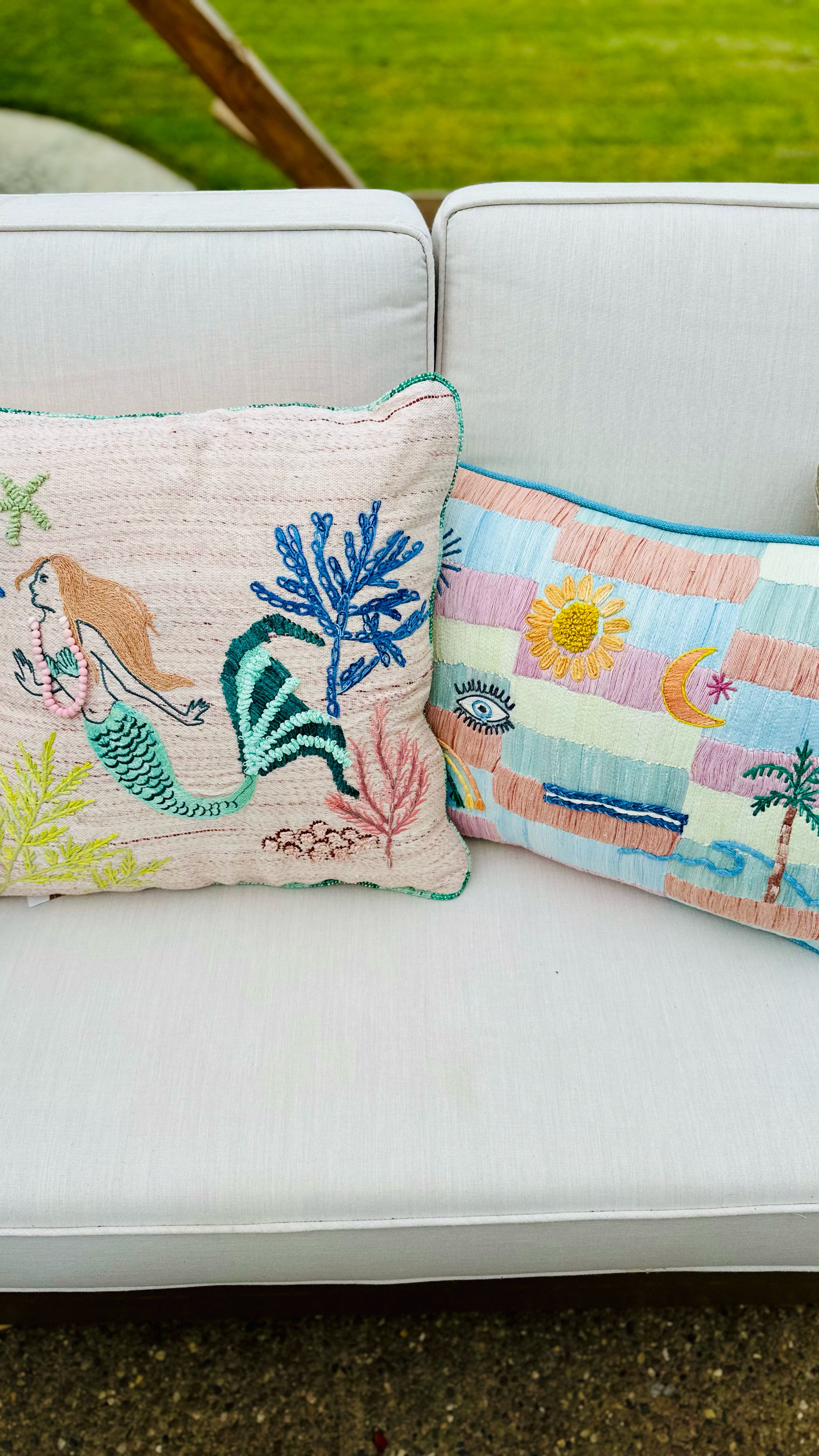 I cannotttt with these outdoor throw pillows! The perfect addition to our new patio furniture. The mermaid!🧜🏼‍♀️ The palm trees! 🌴 they’re def giving Anthropologie. Such a fun, summer look to spice up your backyard! You could use them inside on your couch, sofa, or sectional, too. Plus, they have removable covers so you can just throw em in the wash. 🧼 

#LTKSeasonal #LTKSummerEdit #LTKHome