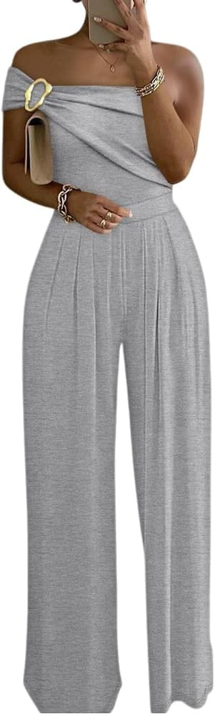 CHICME Women's Jumpsuit Dressy One Shoulder Buckle Decor Ruched Wide Leg Jumpsuits Elegant Party ... | Amazon (US)