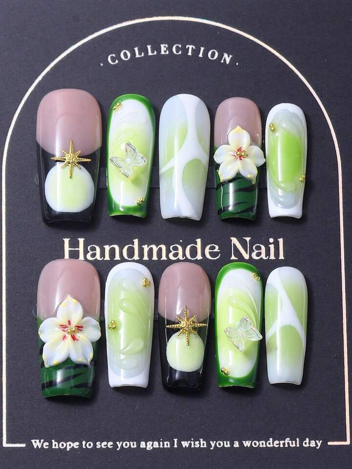 10Pcs/Set Press On Nail Tips, Thin Dog And Middle Nail Tips, Green Technology French Style, 3D Carved Design, Butterfly Hexagram Inlay, Y2K Style, Hot Girl Style, Light Luxury, Pure Handmade Nails, Elegant And Atmospheric, Must-Have For Back To School, Suitable For Ladies And Girls Nail Supplies Nails | SHEIN