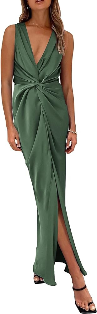 PRETTYGARDEN Women's Satin Ruched Bodycon Dress Summer 2023 Twist Front V Neck Sleeveless Split Maxi | Amazon (US)
