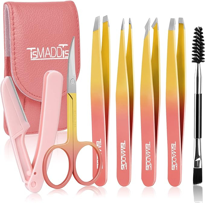 TsMADDTs 7PCS Tweezers Set for Women Facial Hair, Precision Tweezer for Eyebrows with Curved Scis... | Amazon (US)