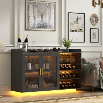 Wine Bar Cabinet with LED Lights, Floating Coffee Bar with Glass Rack and Removable Wine Racks, Modern Buffet Sideboard with Storage Shelves, Kithchen | Wayfair North America