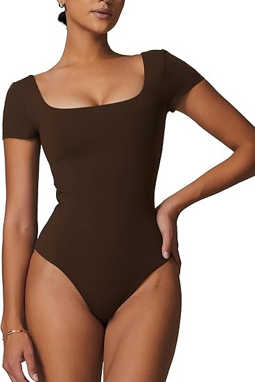 Women's Square Neck Double Lined Bodysuit T-Shirt Short Sleeve Fitted Basic Bodysuit Tops | Amazon (US)