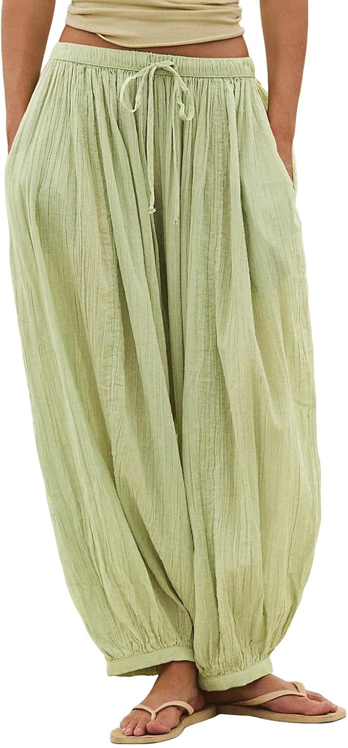 Shy Velvet Women Linen Blend Pants Lightweight Drawstring Elastic Waist Boho Summer Beach Vacatio... | Amazon (US)