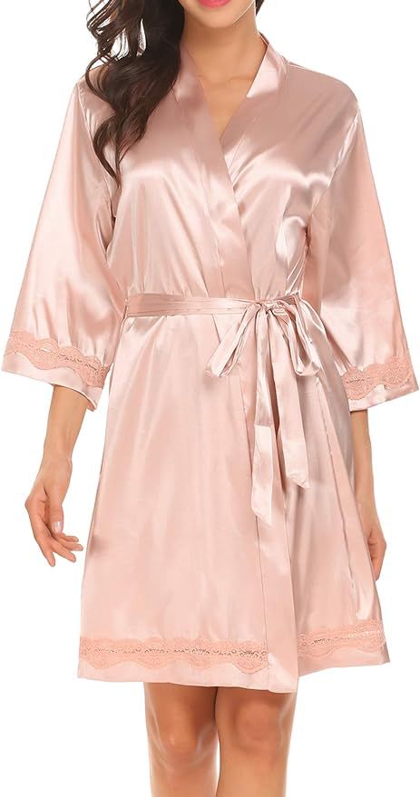 Ekouaer Women's Lace-Trim Kimono Style Short Satin Robe Sleepwear with 3/4 Sleeve | Amazon (US)