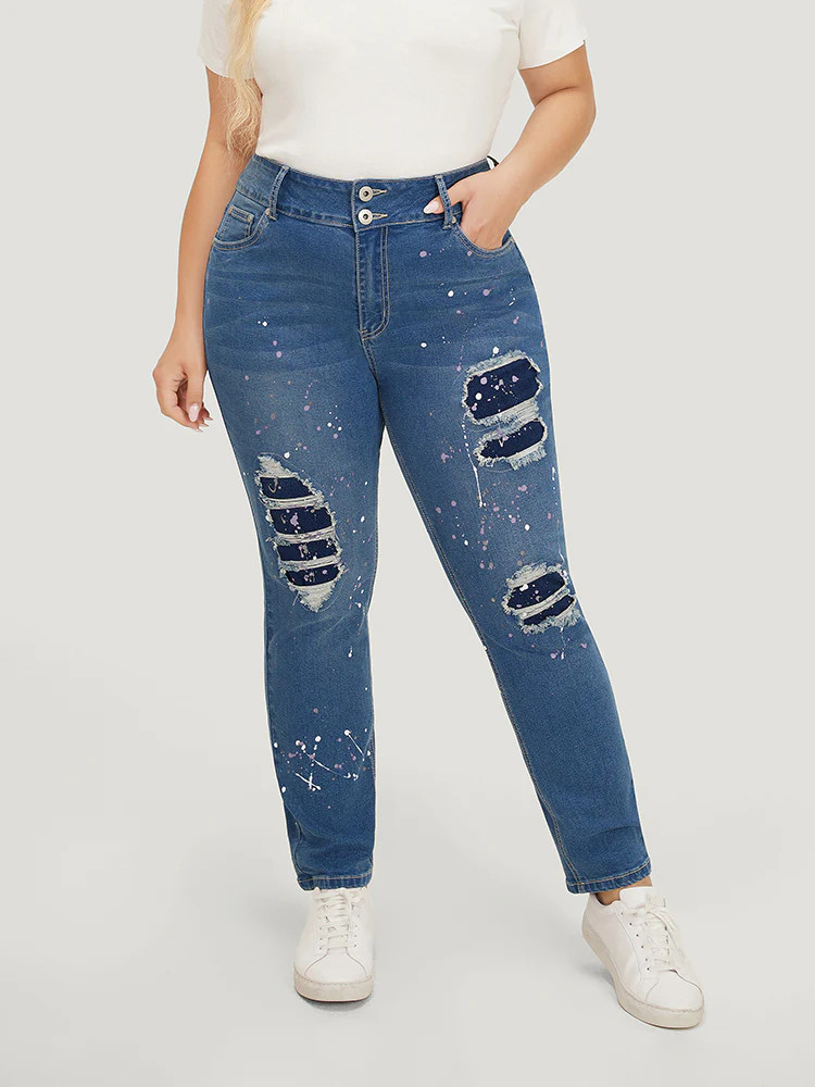 Very Stretchy High Rise Medium Wash Paint Patched Jeans | Bloomchic