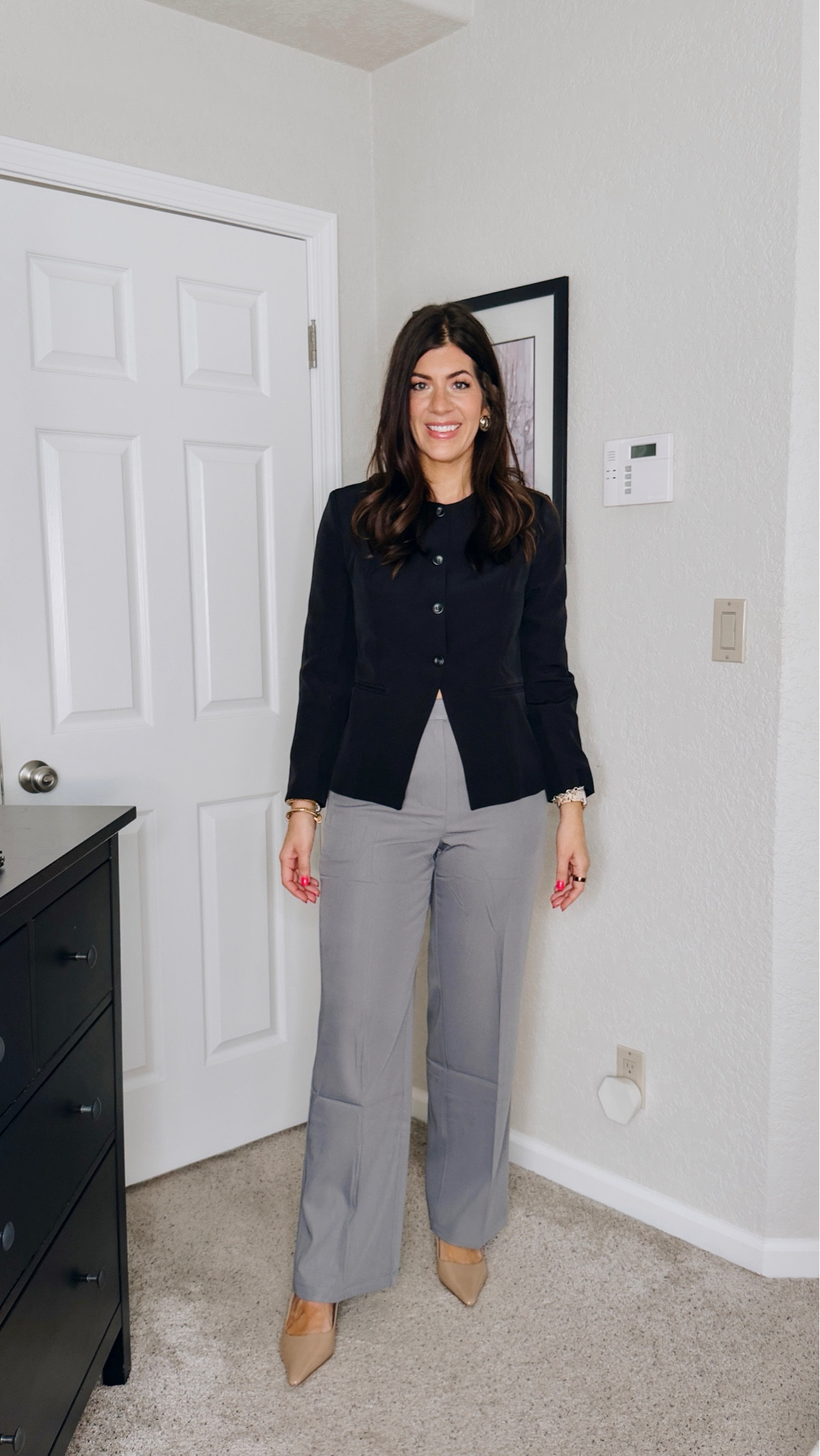 Medium collarless blazer
Large long trouser 

#LTKSaleAlert #LTKMidsize #LTKWorkwear