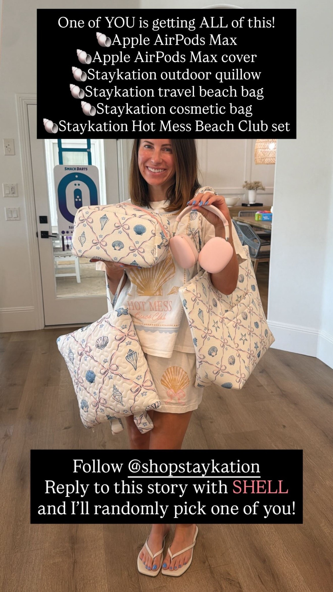 Follow @shopstaykation 
Reply to this story with SHELL and I’ll randomly pick one of you! One of YOU is getting ALL of this!
🐚Apple AirPods Max 
🐚Apple AirPods Max cover
🐚Staykation outdoor quillow
🐚Staykation travel beach bag
🐚Staykation cosmetic bag
🐚Staykation Hot Mess Beach Club set