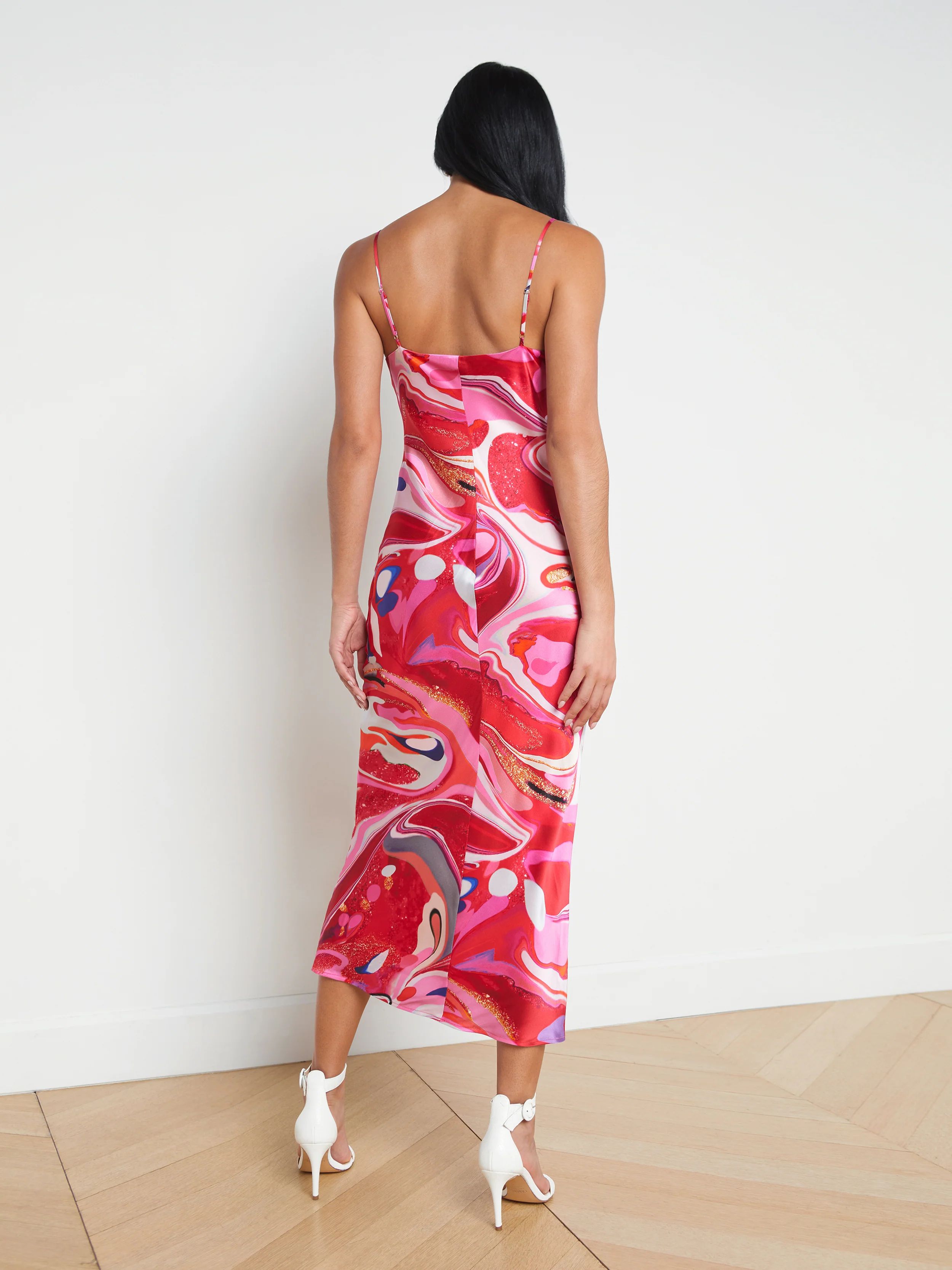 L'AGENCE - Seridie Silk Slip Dress in Pink Multi Tie Dye Swirl | L'Agence