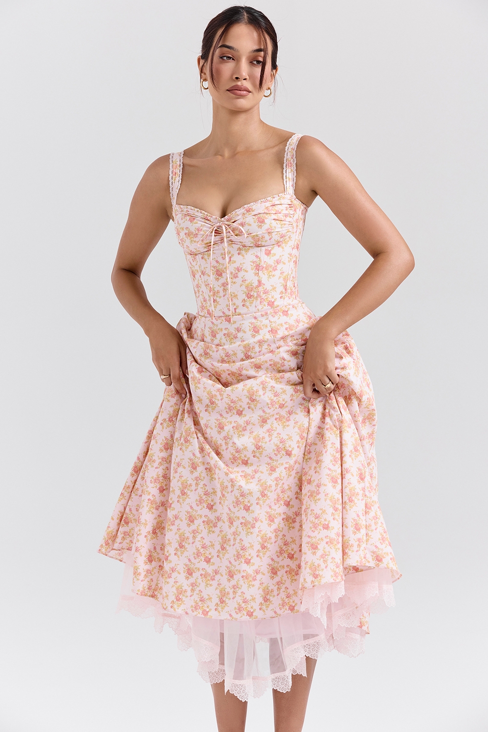 peach poppy print cotton bustier sundress | House of CB