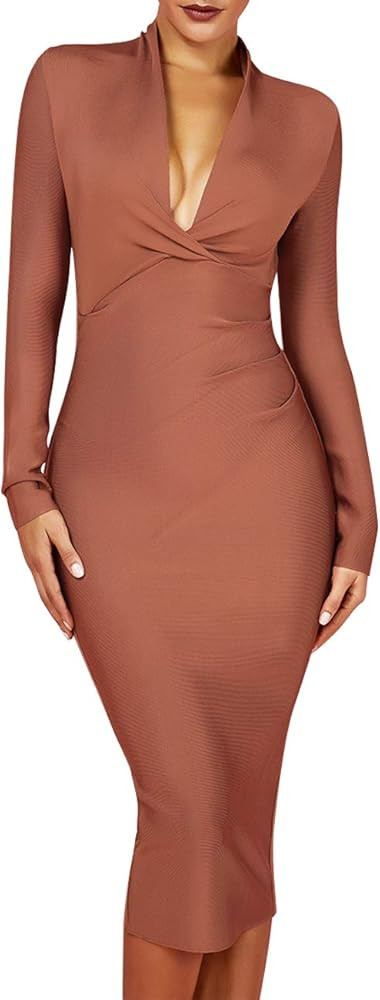 UONBOX Women's Deep Plunge V Neck Long Sleeves Draped Knee Length Bodycon Bandage Dress | Amazon (US)