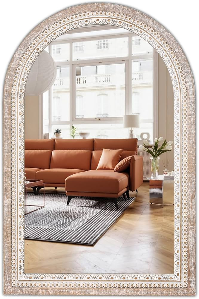 36x24'' Farmhouse Arched Decorative Wall Mirror, Farmhouse Wooden Mirrors with Beaded for Living ... | Amazon (US)