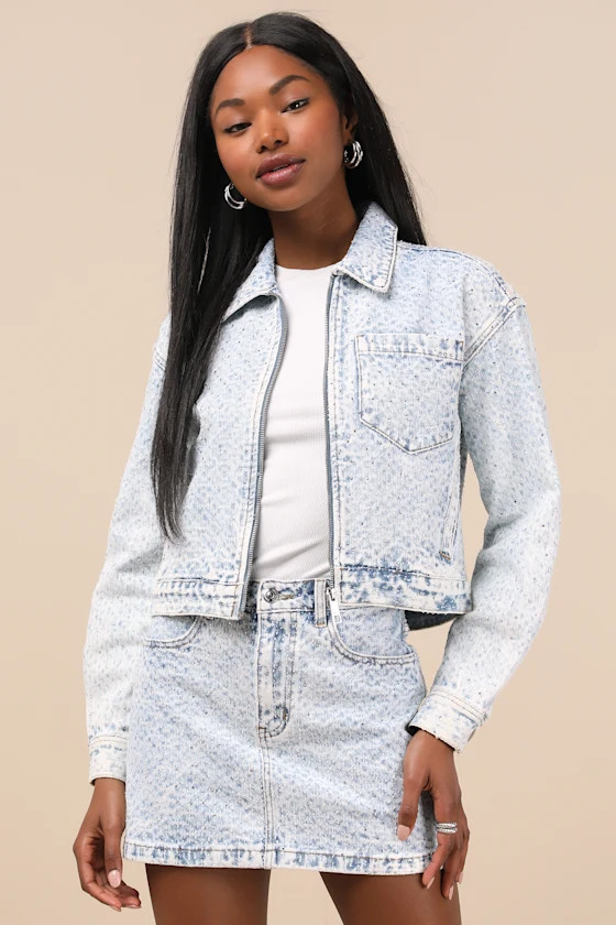 Glacia Light Wash Rhinestone Zip-Front Denim Jacket | Lulus