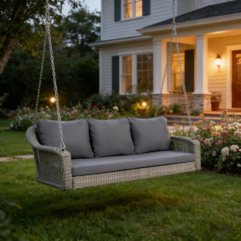 69" Gray Pe Wicker 3-person Porch Swing | Outdoor Patio Hanging Bench With Cushions & Chains For ... | Wayfair North America