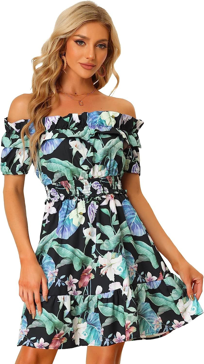 Allegra K Tropical Floral Dresses for Women's Off Shoulder Smocked Waist Ruffle Hem Mini Dress | Amazon (US)