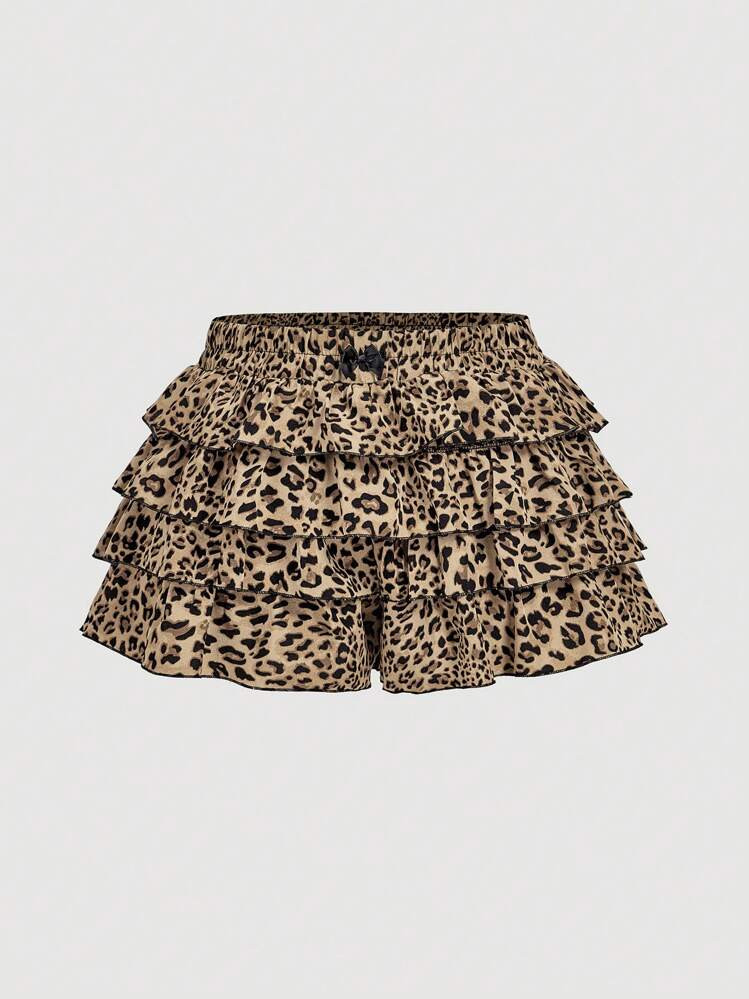 SHEIN MOD Plus Size Women's Fashionable Leopard Print Layered Cake Ruffle Detail Shorts, Summer Cheetah Print | SHEIN