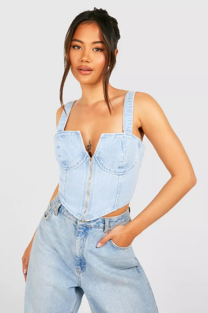 Zip Up Denim Corset Top | boohoo (US & Canada)