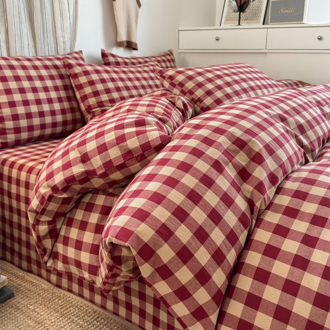 PinkMemory Red Gingham Duvet Cover Bedding Set Queen 100% Washed Cotton Beige Plaid Checkered Duvet Cover Full Queen 3pcs Vintage Grid Gingham Bedding with Zipper Closure Ultra Soft Breathable | Amazon (US)