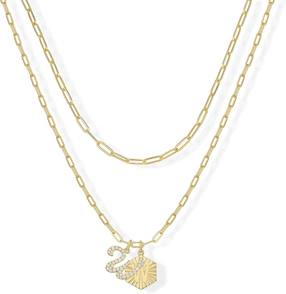PAVOI 14K Gold Plated Dainty Hexagon Initial Letter Pendant Layered Necklace Jewelry Gift for Wom... | Amazon (US)