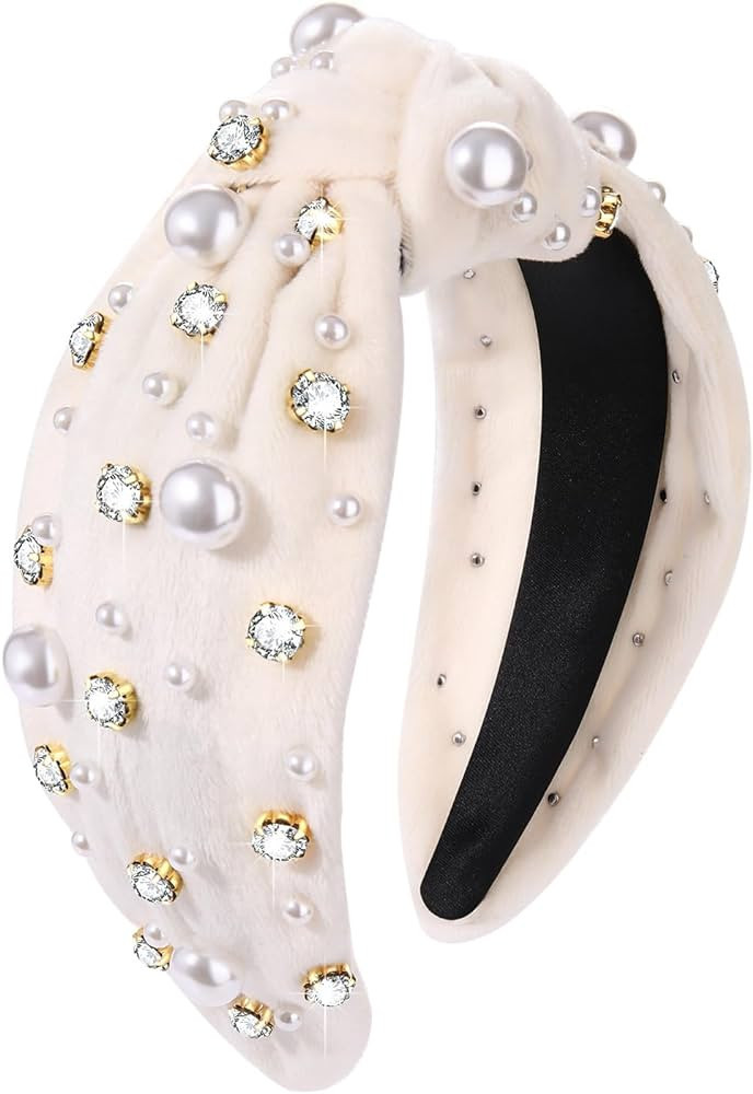 GLBCC Pearl Knotted Headband for Women White Pearl Rhinestone Crystal Jeweled Hairband Fashion Elegant Ladies Wide Top Knot Bride Boho Head Band Headpieces Party Hair Accessories | Amazon (US)