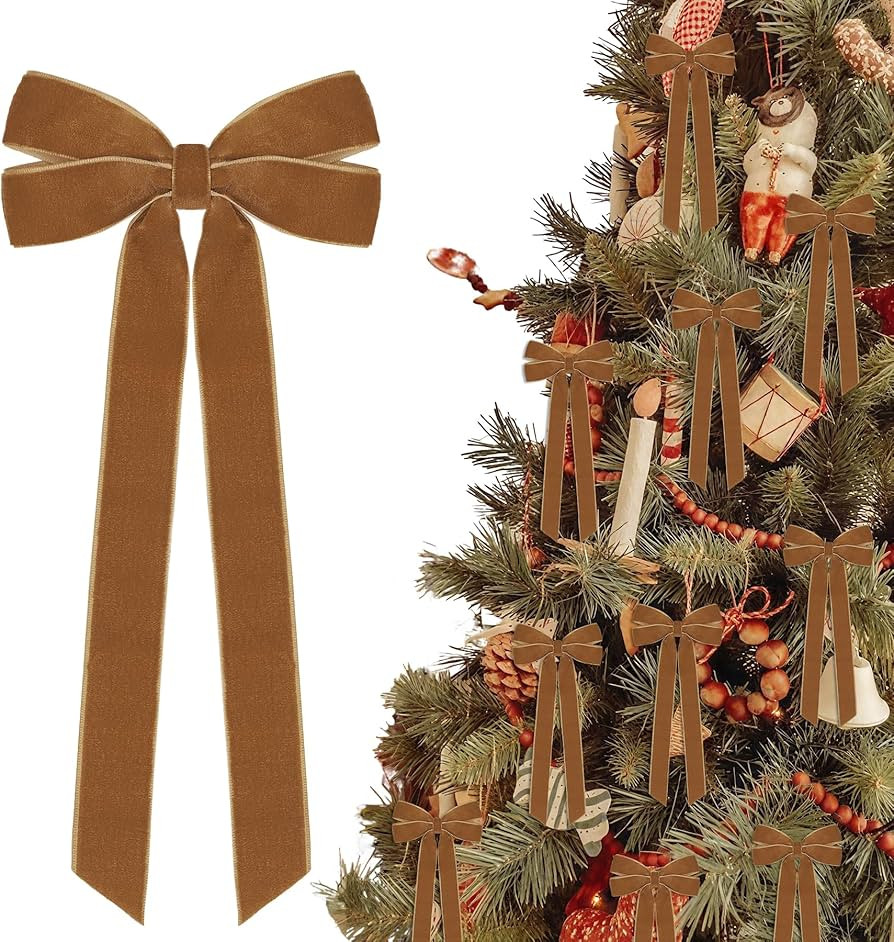 12Pcs Vintage Velvet Ribbon Bows Christmas Tree Decorations,5in x 10in Brown Xmas Ornaments for T... | Amazon (US)