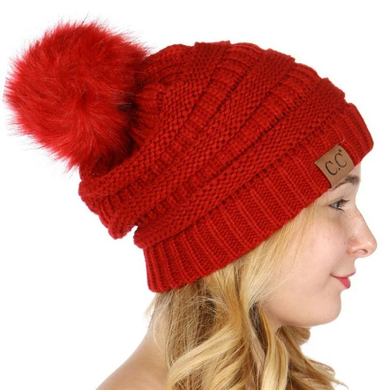 C.C Women Red Logo Detail Ribbed Cuff Pom-Pom Knit Fall Winter Beanie Hat - Walmart.com | Walmart (US)