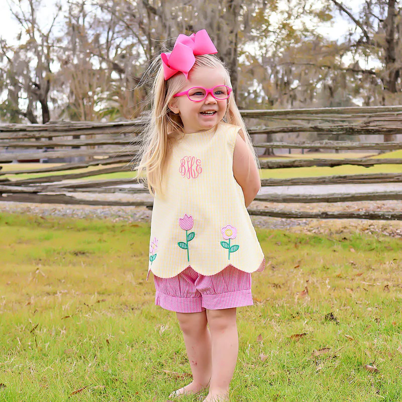 Blooming Flowers Yellow Gingham Cleo Short Set | Classic Whimsy
